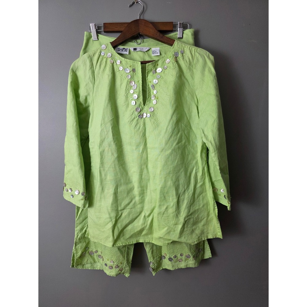 Carole Little Irish Linen 2 Piece Set Lime Green Embroidered Shell Tunic Pants 4